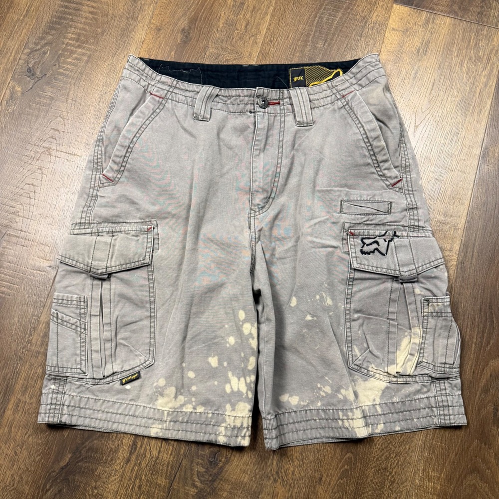 Y2K Fox Racing Cargo Shorts Mens 32 Gray Bleach Splatter Distressed Multi Pocket